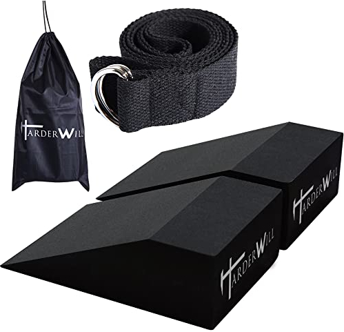 HarderWill 3 in 1 Yoga Schaumstoff Keilblöcke (Paar), Wadenhebeblock, Stretchband-Set, Wadendehner, Yoga-Handgelenkstütze, Balance, Liegestütze, Fitness, Pilates, Fersendehner, Kniebeugenkeil mit