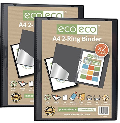 eco-eco A4 95% Recycled Presentation 22mm Spine 2 Ring Binder Black, (Pack of 2), eco086x2
