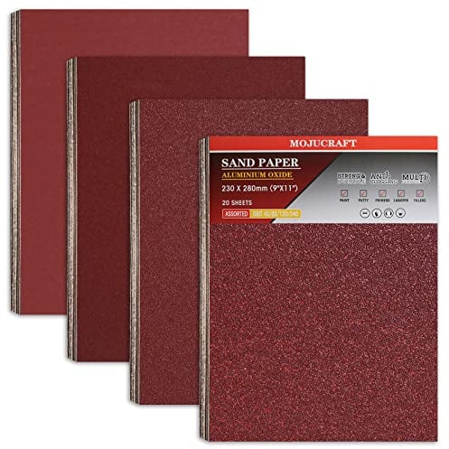 Mojucraft 20 Blatt Schleifpapier, Schleifpapier Set 40/80/120/220 Körnungen Schleifpapier für Holz Metall 230x 280 mm Mehrzweck-Schleifpapier Blätter geschnitten für den Einsatz auf Handschleifer