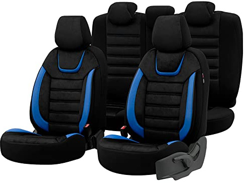 otoM Universelle Suede/Leder/Stoff Sitzbezüge 'Iconic' Schwarz/Blau - 11-Teilig- - kompatibel mit Side-Airbags