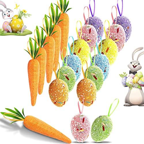 12 Stück Ostereier zum Aufhängen, bunte Schaumstoff-Ei-Ornamente und 6 Stück Osterkarotte, hängende Ornamente, Premium-Schaum-Glitzer für Osterbaum-Dekorationen, Zuhause, Party, DIY Handwerk