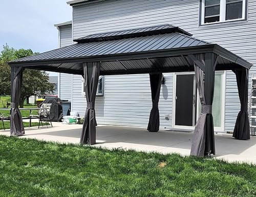 PURPLE LEAF Tonnelle de Jardin Exterieur 5,45 x 3,65 m Pergola Aluminium avec Moustiquaire et Rideaux Pavillon de Jardin à Double Toit Acier Galvanisé, Gris