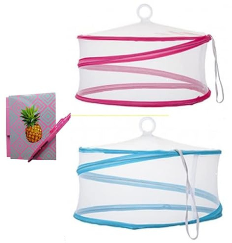 PMS Mesh Food Cover Tent Umbrella Pop Up Mesh Food Cover Supplied in 2 Assorted Colours - One PINK & One BLUE plus an EXTRA BONUS ITEM, 12''