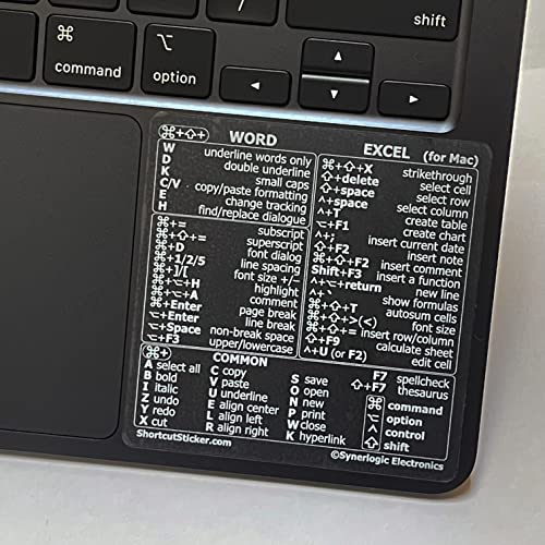 SYNERLOGIC Word/Excel (for Mac) Keyboard Shortcuts Sticker | No-Residue Laminated Vinyl Cheatsheet black case MacBook Keyboard Sticker 83 x 83 mm (Clear/White)