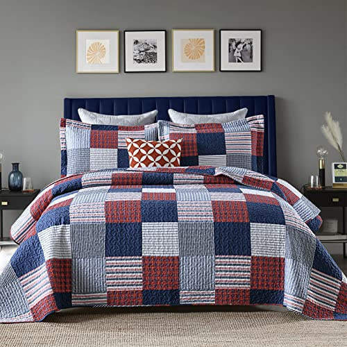 Y-PLWOMEN Bettwäsche-Set für King-Size-Betten, 100 % Baumwolle, King-Size-Bett, blau, rot, weiß, Patchwork, kariert, King-Size-Bett, leicht, wendbar, weich, für alle Jahreszeiten, 3-teilig