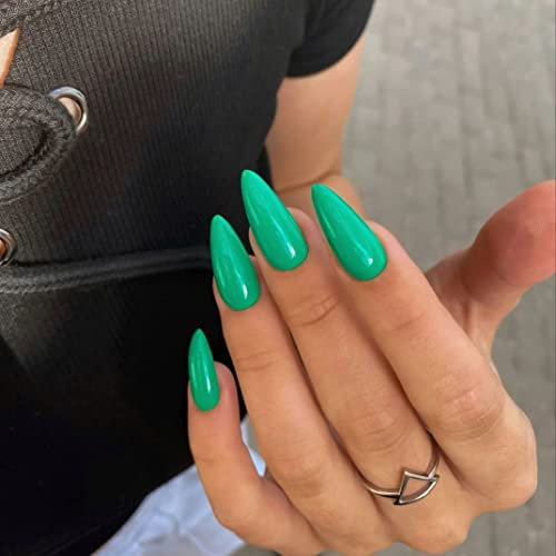Light green press on nails almond, KXAMELIE nails stick on medium acrylic nails pure shiny false green almond fingernails nails more durable to stick on