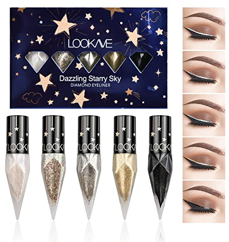 5 Farben Diamant Flüssiger Eyeliner Glitzer Set, Metallic Schimmer Liquid Eyeliner, Langlebiger Wasserdichter Sparkling Eyeliner Set, Glitzernder Lidschatten Set für Party Festival Makeup (B)