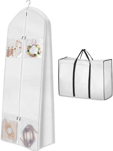 MISSLO Portable 70 Wedding Dress Garment Bag with Bride Tote Bag 8'' Gusseted Dress Bags for Gowns Long 4 Pockets Dress Cover for Women, White