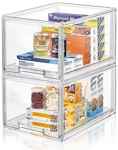 2 Packs Large Plastic Stackable Storage Organizer Bins with Pull Out Drawer, LINYAPRY Clear Acrylic Storage Drawers Container Boxes for Fridge Pantry Shelf Refrigerator Organization and Storage