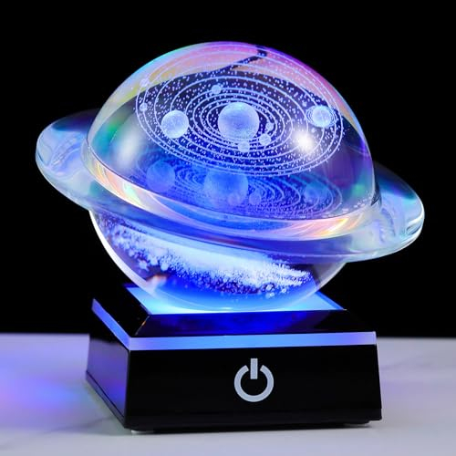 3D Solar System and Galaxy Crystal Ball with Colorful Lights Base Astronomy Gifts for Men Husband, Glass 8cm Solar System Model Globe Science Planets Universe Ornaments for Son Celestial Decor