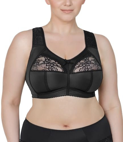 Full Cup Bra, Soft Minimiser, Without Underwire, with Lace, Large Sizes, Wide Straps, Laminated Cotton, Soft, Stable Support, Large Breasts, Comfortable for Everyday Use, black, 36I