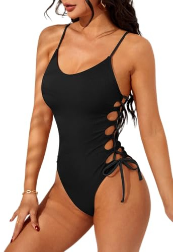 Narecte One Piece Swimsuit Women Bathing Suit Sexy High Cut Women's One-Piece Swimsuits Monokini One Piece Bathing Suit Black M