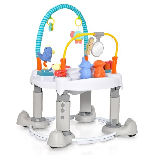 GOPLUS 4 en 1 Jumperoo Bebé, asiento de saltador rodante con barra de juguetes, caja de música, andador ajustable en altura con alfombra de juego, mesa de actividad para bebé de 0 a 2 años