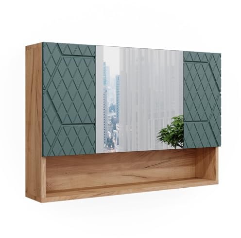 Vicco Badspiegelschrank Irma, Badezimmerspiegel, Goldkraft Eiche/Grün, 80.1 x 55 cm