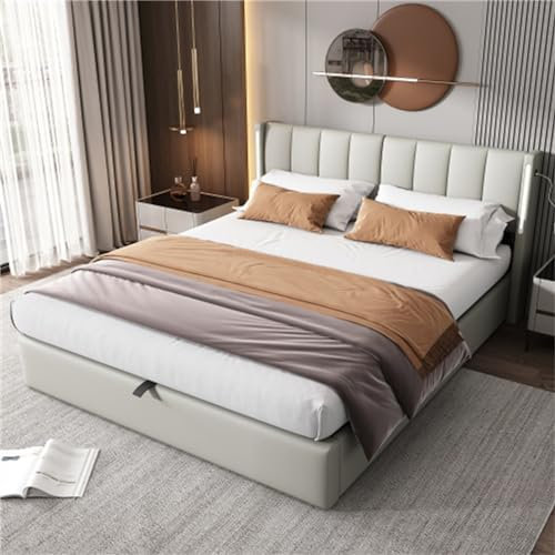 Tcewhhy Hydraulisches Polsterbett Binaurales LED Doppelbett King Size Mit Verstellbares Kopfteil Wiederaufladbarer USB-Anschluss Jugendbett Stauraumbett Bettkasten PU Gästebett Grau 180x200 cm