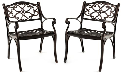 COSTWAY 2er Set Gartenstühle aus Aluminiumguss, wetterfeste Terrassenstühle mit Armlehnen, Balkonstühle für Garten, Balkon, Hinterhof, Bronze