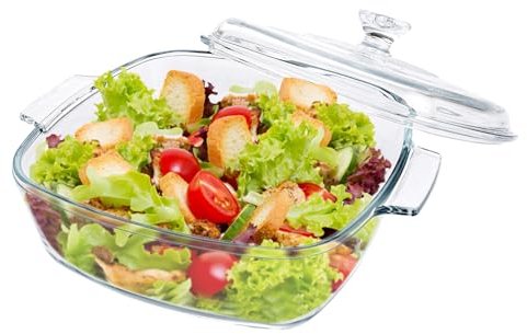 Oungy Plat à gratin rectangulaire en verre avec couvercle, 1,5 l, avec couvercle et poignées, pour 2 personnes, passe au micro-ondes, au four