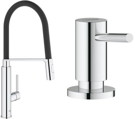 GROHE Robinet de cuisine évier Feel, Robinet avec douchette extractible, Bec en forme de U & Distributeur de savon encastrable, distributeur savon cuisine, distributeur savon liquide