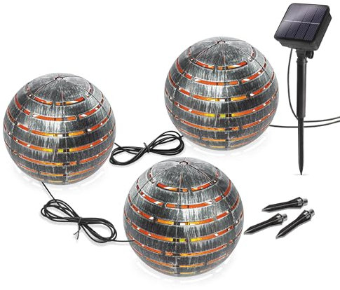 Esotec Solar Dekokugeln Bilbao, 3er Set, Silber gebürstet, D=15cm, 2m Solarkugel Lichterkette, Akku, Solarmodul, Erdspieß, Bodenleuchte, Kugelleuchte, Kunststoff, Outdoor, außen, wetterfest 103028