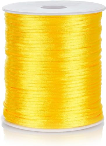 FQTANJU 2mm Nylon Satin Cord, 100 Yards Nylon Cord Satin String for Bracelet Jewelry Making Silky Rattail Macrame Trim Cord Necklace Bulk Beading Thread Kumihimo Chinese Knot Craft (Yellow)