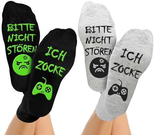 Kisvic Lustige Socken Zocken, 2 Paar Socken mit Spruch Bitte Nicht Stören Ich Zocke, Gaming Coole Geschenke für Teenager, Rutschfeste Haussocken für Damen Herren, Schwarz Grau
