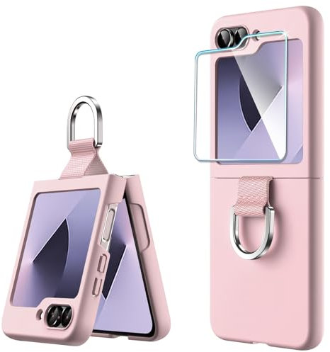 QiiStar for Samsung Galaxy Z Flip 6 Case with Ring & Front Screen Protector,Ultra-thin Slim Flip Z 6 Cover Hard PC Shell Shockproof Protective Phone Case for Samsung Flip 6 5G, Pink