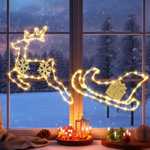 GlobaLink Luces Navidad Ventana Reno y Trineo con 95LED, Cortina Luces Navidad Reno con Gncho Pilas IP44 Impermeables 8 Modos para Exterior Interior Ventana Escaparate Fiesta, Blanco Cálido