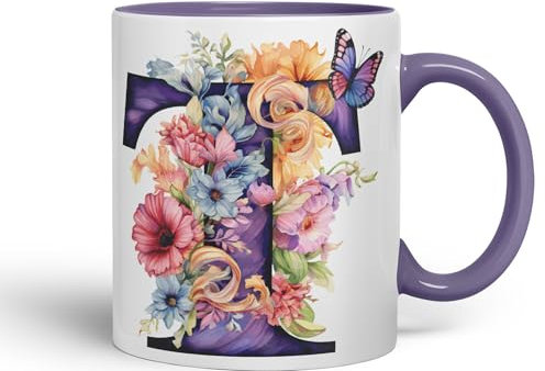 Vixar Letter T Mug, Floral Flowers Butterfly Alphabet Letter T Monogram Watercolour Ceramic Coloured Mug Cup for Tea Coffee Hot Brew 330ml 11Oz Gift (Purple)