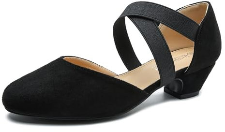 Women's Low Chunky Heel Pumps Elastic Crisscross Strap Pull On Dress Dance Shoes, Black Velvet, 5.5 UK