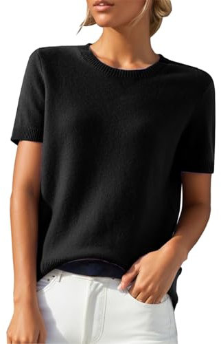 Womens Short Sleeve Knitted Sweater Plain Chunky Cable Crew Neck Jumpers Soft Smooth Loose Fit Knit Pullover Tops Classic and Versatile Office WorkT Shirt Blouse Knitwear Black