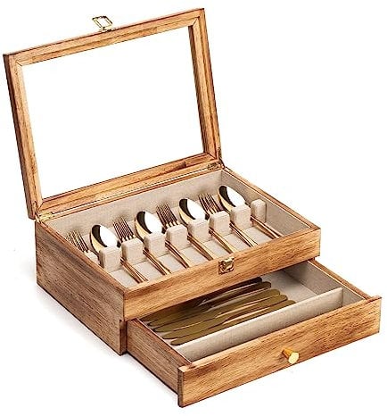 Emfogoo Cutlery organiser, 2-Layer Wooden Cutlery Storage Box with Glass Lid, 14.5×10.6 Inches Vintage Style Decor Knife and Fork Holder for Fine Flatware & Utensils, Gift Idea (Rustic Brown)