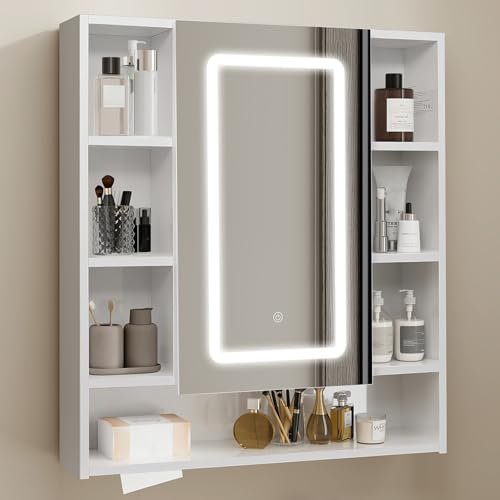 ARTETHYS Bathroom Mirror Cabinets with Lights, 70x80cm Bathroom Wall Cabinets with Mirror, Bathroom Storage Cabinet with 3 Lighting Modes and Open Shelves, White