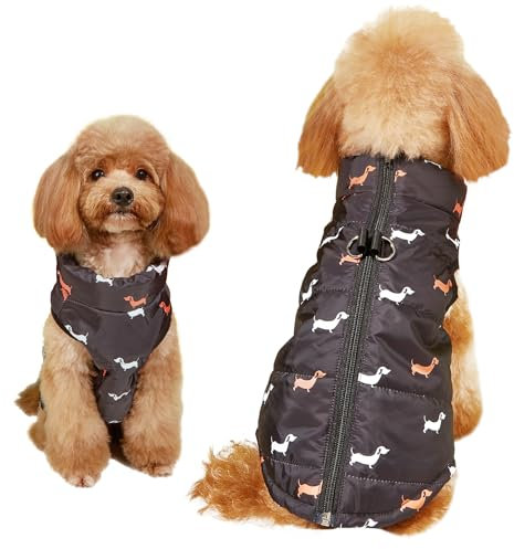 Asmea Hundemantel Winter Hundejacke Warme Hundemantel für Kleine Hunde Winddichte Hundeweste mit Geschirr Loch Schwach Wasserdicht Weihnachten Hundejacke für Chihuahua Dackel Schwarz S