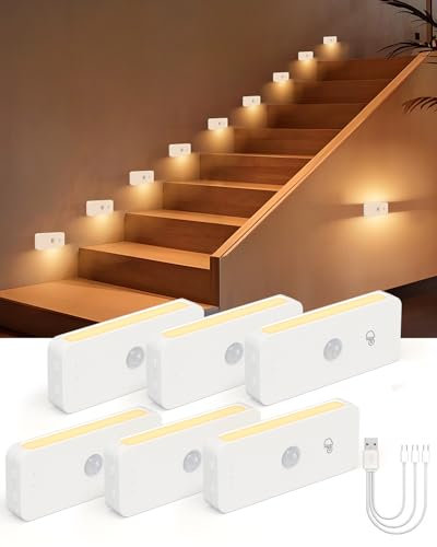 Yiliaw Motion Sensor Night Lights Indoor - Rechargeable Stick-On Stair Lights with Wireless Magnetic Mount, Adjustable Brightness & 3 Color Temps for Hallway, Stairway, Bathroom, Closet (6-Pack)