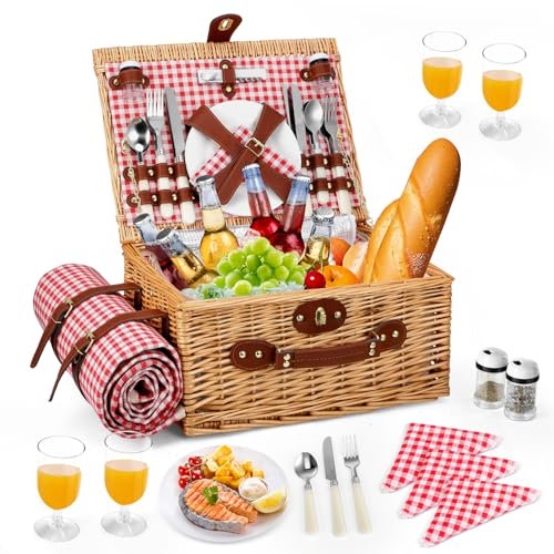 Panier Pique-Nique en Osier pour 4 Personnes, MINENICE Panier de Pique Nique avec Compartiment Isotherme, Couverture Pique-Nique Imperméable et Couverts, Panier Picnic pour Camping, Rose