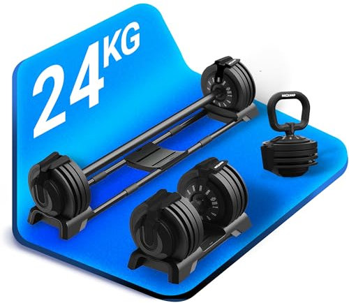 NEOLYMP 3-in-1 verstellbares Hanteln Set (2-24 kg) - Kurzhantel, Langhantel & Kettlebell in 1 Set – Hantelset mit einstellbaren Gewichten, Langhantel Set