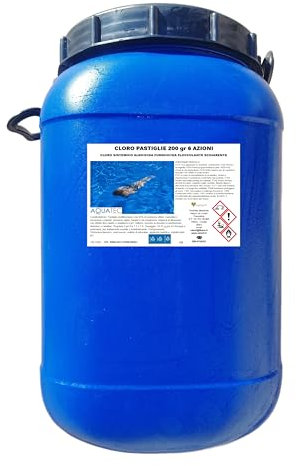 Aquatec kg 25 Cloro Multifunzione 6 Azioni per Piscina Pastiglie da 200 g Potente Trattamento Completo a Lenta Dissoluzione, Acqua Cristallina e Senza Odori