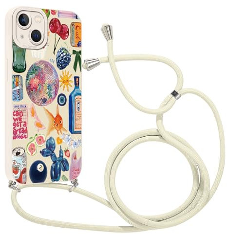 Kueqeay Funda con Cuerda para iPhone 13 6,1, Suave TPU Silicona Carcasa Patrón de Lindo Blanca con Colgante Ajustable Collar Correa de Cuello Cadena Cordón Cover Case y Motivo, 11