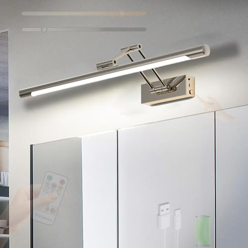 LED Spiegelleuchte Bad Akku Wandleuchte mit Fernbedienung Touch Steuerung Dimmbar Wandbeleuchtung USB Aufladbar Bildbeleuchtung Wandleuchten für Spiegelschrank Badezimmer Wohnzimmer (Silber,60cm)