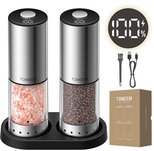 TOMEEM Rechargeable Electric Salt and Pepper Grinder Set, Battery Display