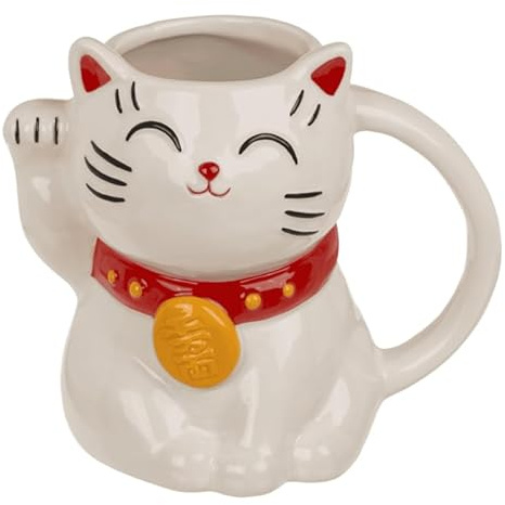Lucky Cat Mug, Lucky Cat, Dolomite Ceramic, Black and White, 500 ml, 15 x 10.5 x 13.5 cm, Maneki Neko Design, in Gift Box (White)