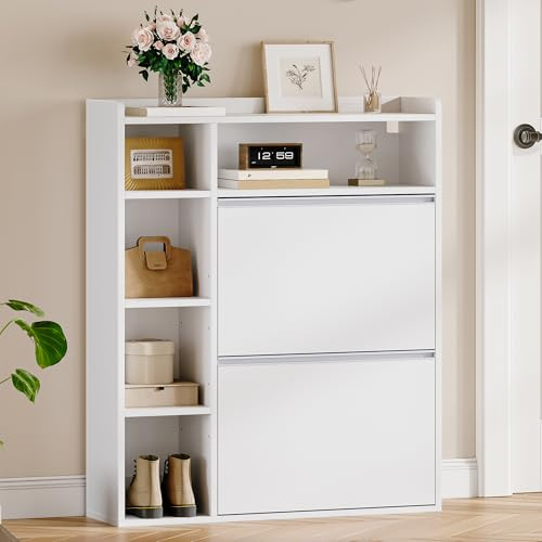 HEXCELEN Schuhschrank mit 2 Klappen, 5 Offene Fächer, 8-12 Paar, Weiß | Schmal Schuhkipper, Schmaler Schuhkommode, Verstellbar, für Flure, Eingang, 84,7 x 24 x 102 cm
