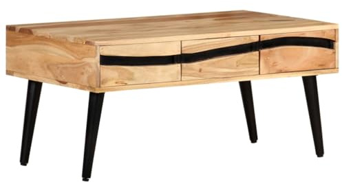 Teenpull Couchtisch 88x50x42 cm Akazie Massivholz, Wohnzimmertisch mit 3 Schubladen, Robustes Eisen, einzigartige Maserung, praktischer Stauraum für Ihr Zuhause
