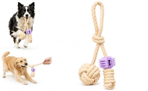 Flamingo Hundespielzeug - Joanie Zerrseil mit TPR-Ball und Twist-Knoten Violett/Gelb - Polyester und TPR - Mit Griff - 36 x 13,5 x 8 cm