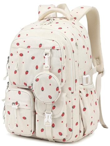 Sisipoet Schulrucksack Teenager Mädchen mit Münzbeutel 22,9L für Schule | weicher Cordstoff,viele Fächer,abnehmbarer Münzbeutel,diebstahlsichere Tasche,Trolley-Gepäckgurt