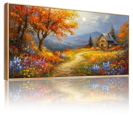 SERIMINO Modern Wandbild mit Rahmen Bunte Landschaft Bilder Groß 50x100 cm | Herbstliche Wildblumen Wanddeko, Hd Druck, Massivholzrahmen, Einfache Montage, Viele Größen, Vielseitig Einsetzbar