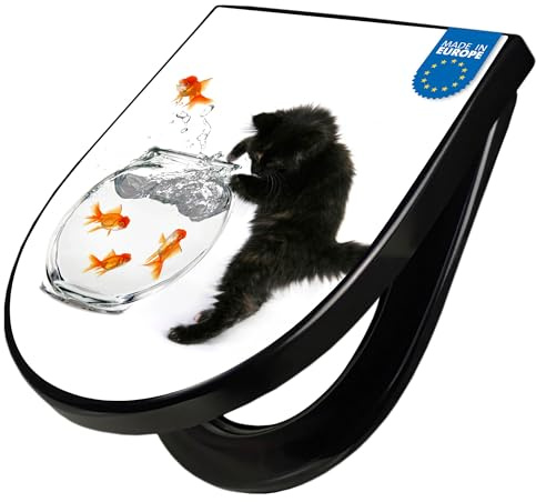 banjado WC Sitz mit Absenkautomatik D Form - Toilettendeckel mit Absenkautomatik D Form - Klodeckel Softclose - stabile Klobrille - Toilettensitz Schwarz - Motiv Katze Und Fisch