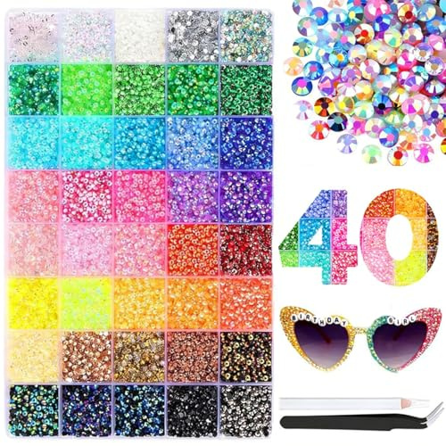 32000pcs Nail Art Rhinestones Bedazzling Kit, 40 Colors 3mm Flat Back Nail Gems Crystals Bedazzle Kit with Pick Up Tweezers and Pen for DIY Art Crafting Clothes Shoes Decoration