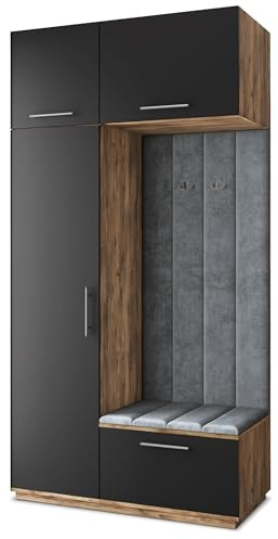 Masseno Flugarderoben Set Rema, Kleiderschrank-Set mit Sitzbank, Garderobenschrank Flur mit 5 Regalböden, Eiche Lefkas/Schwarz