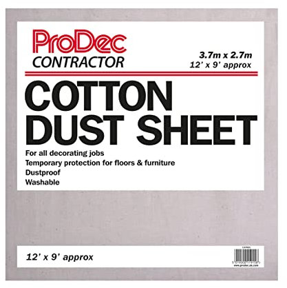 ProDec Contractor 12ft x 9ft Cotton Dust Sheet for Decorating, Carpet Protector, Washable Drop Cloth, Paint Shield, Painting Sheets, Heavy Duty Dust Sheets for Furniture, Paint Cloth